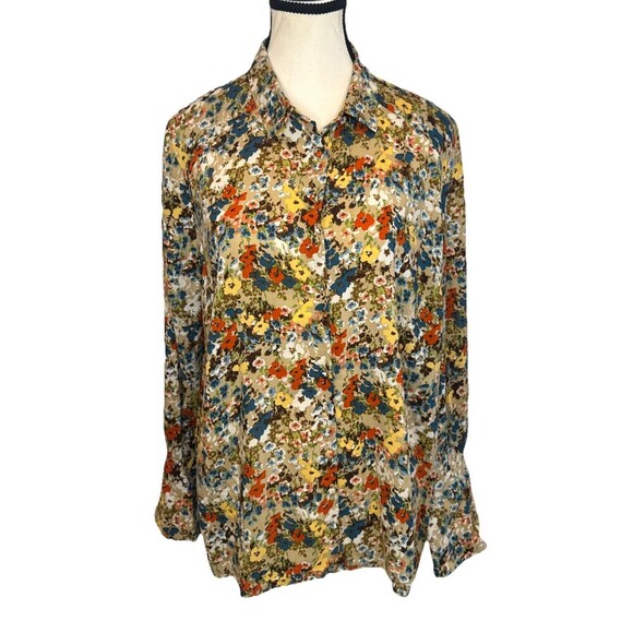 J. Jill Women’s Colorful Floral Rayon Button Up Long Sleeve Blouse Top Sz M Boho - Picture 1 of 11